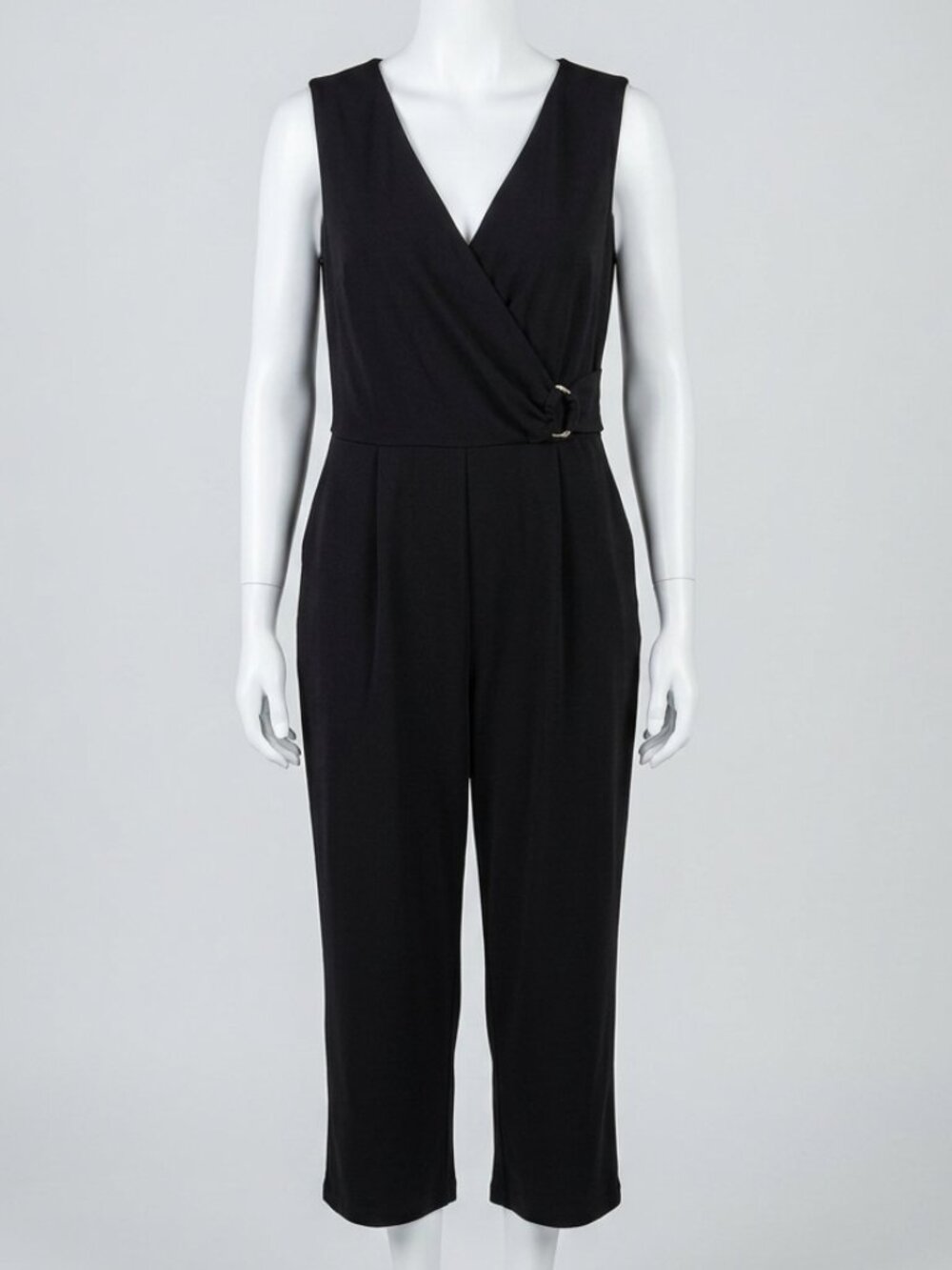 Liz Claiborne Jumpsuit 12 Black Mock wrap Metal Detail Cropped Leg